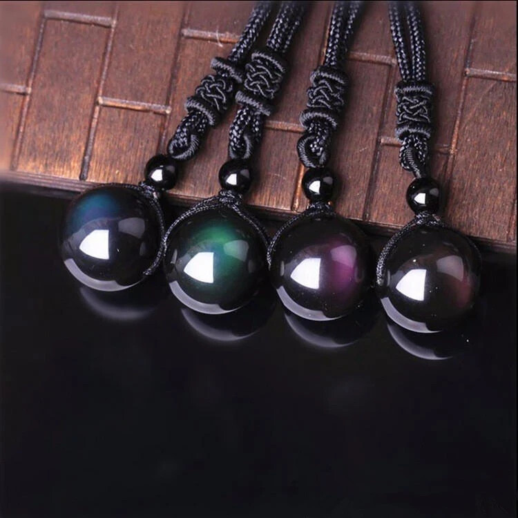 Rainbow Obsidian Pendant Necklace 16mm Healing Amulet Crystal Luck Charm Jewelry