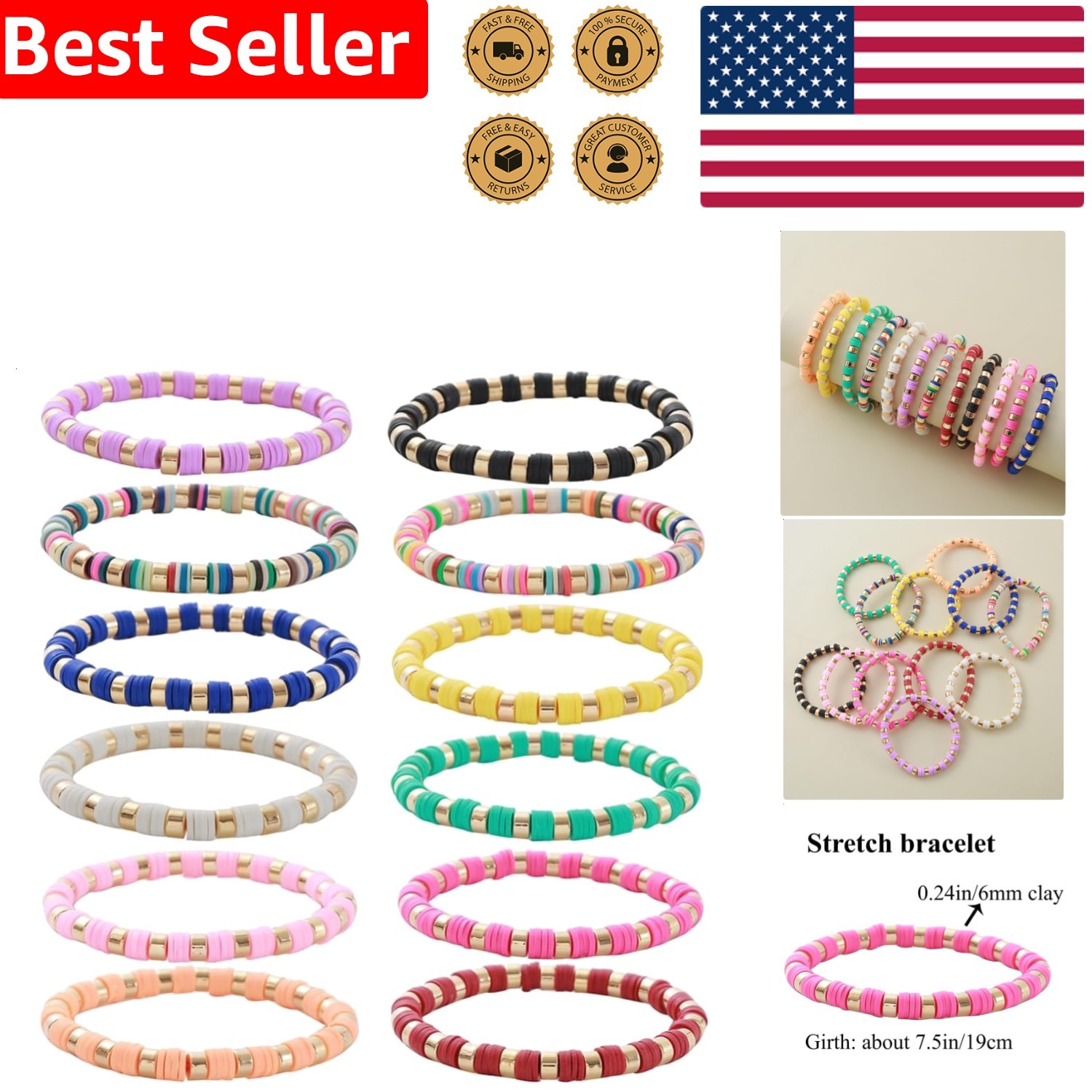 Heishi Bracelets 12pc Colorful Clay Disc Stretch Summer Beach Preppy Stack Women