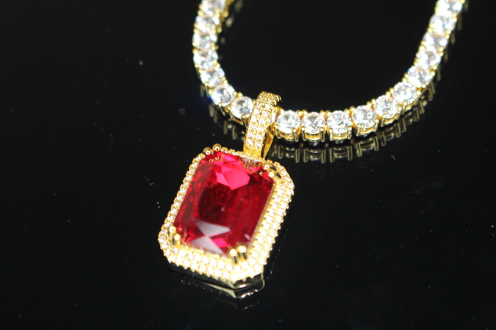 RED RUBY Sapphire Pendant Tennis 75.8ct Lab Sim Gem Diamond Chain Necklace GOLD