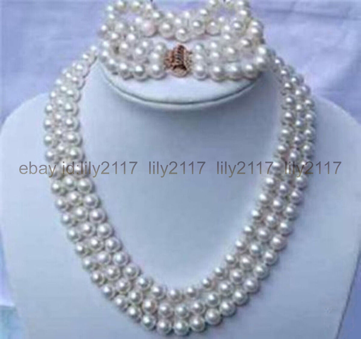 17-19 Inch 3 Rows Natural 7-8mm White Akoya Pearl Necklace Bracelet Set 14KGP