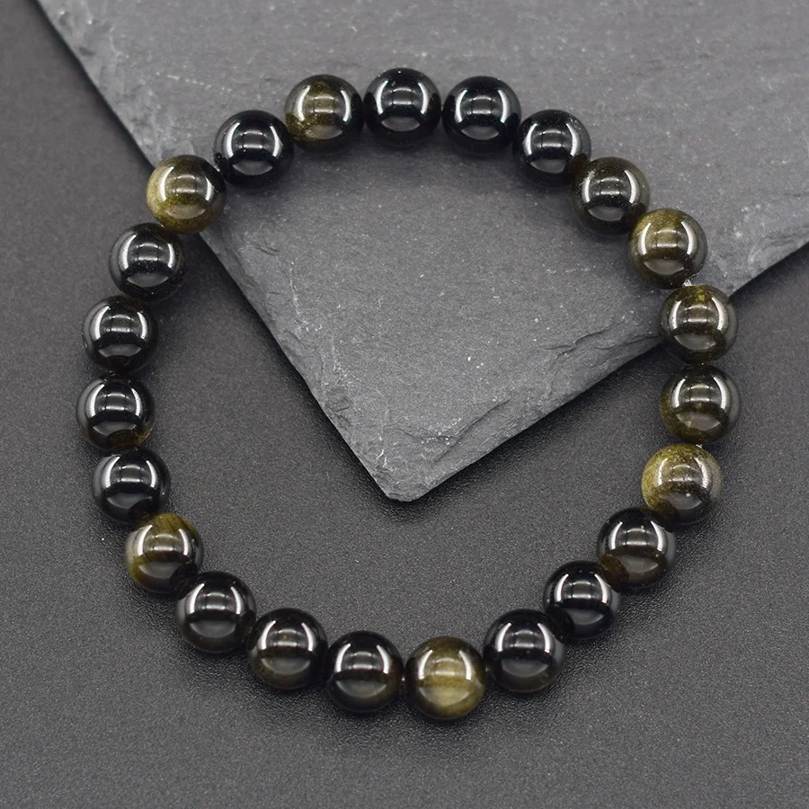 Golden Obsidian Beaded Bracelet Natural Stone Rainbow Tourmaline Energy Jewelry