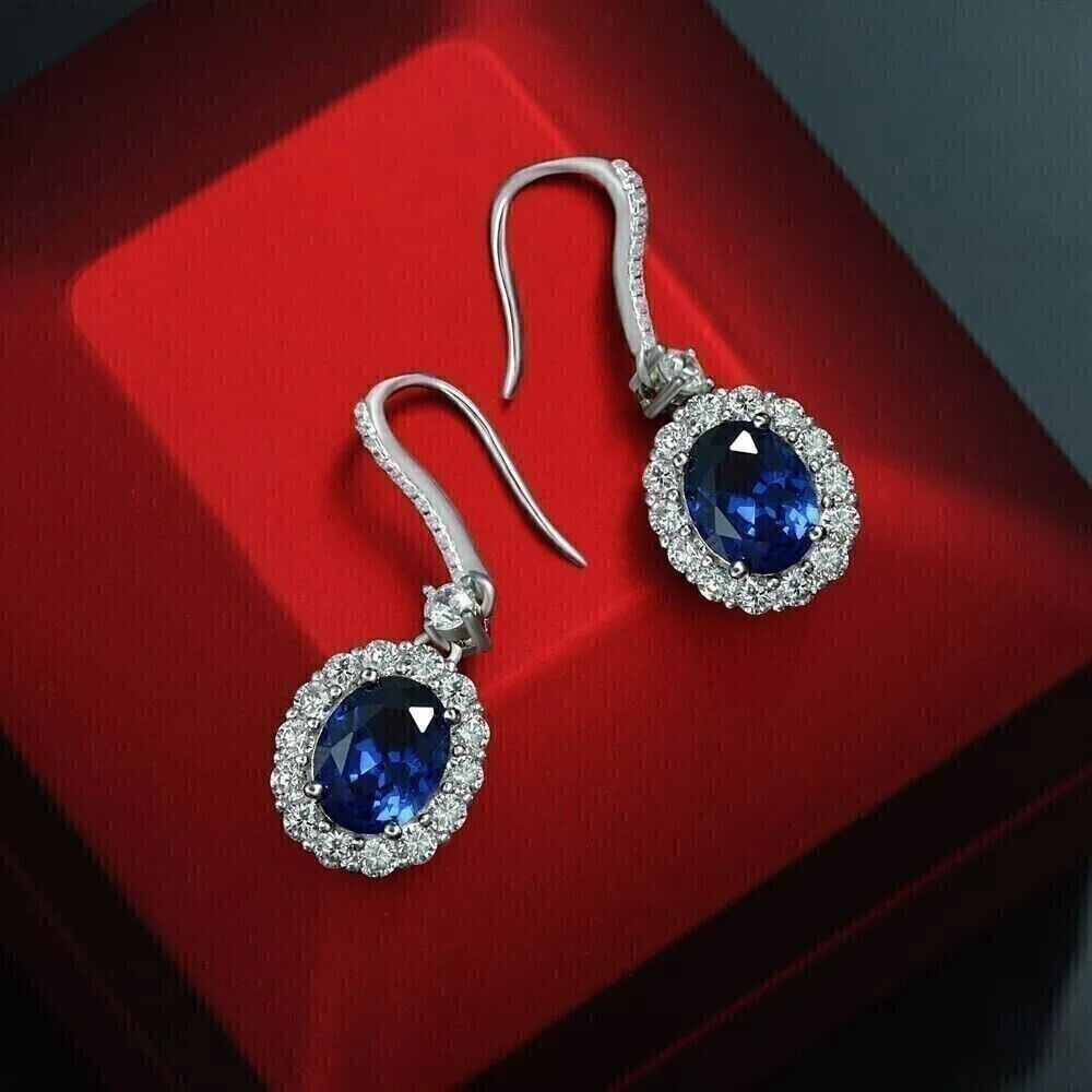 2Ct Oval Cut Simulated Sapphire Drop Dangle Earrings 14k White Gold Plated
