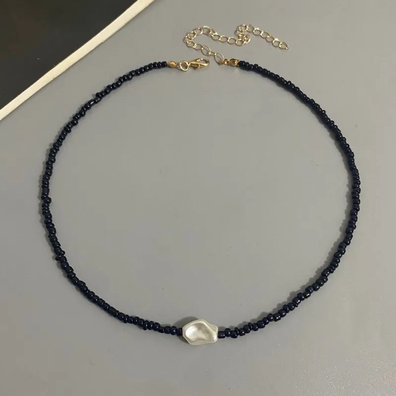 Fashion Boho Beads Necklace Women Imitation Pearl Seed Beaded Strand Short Choke