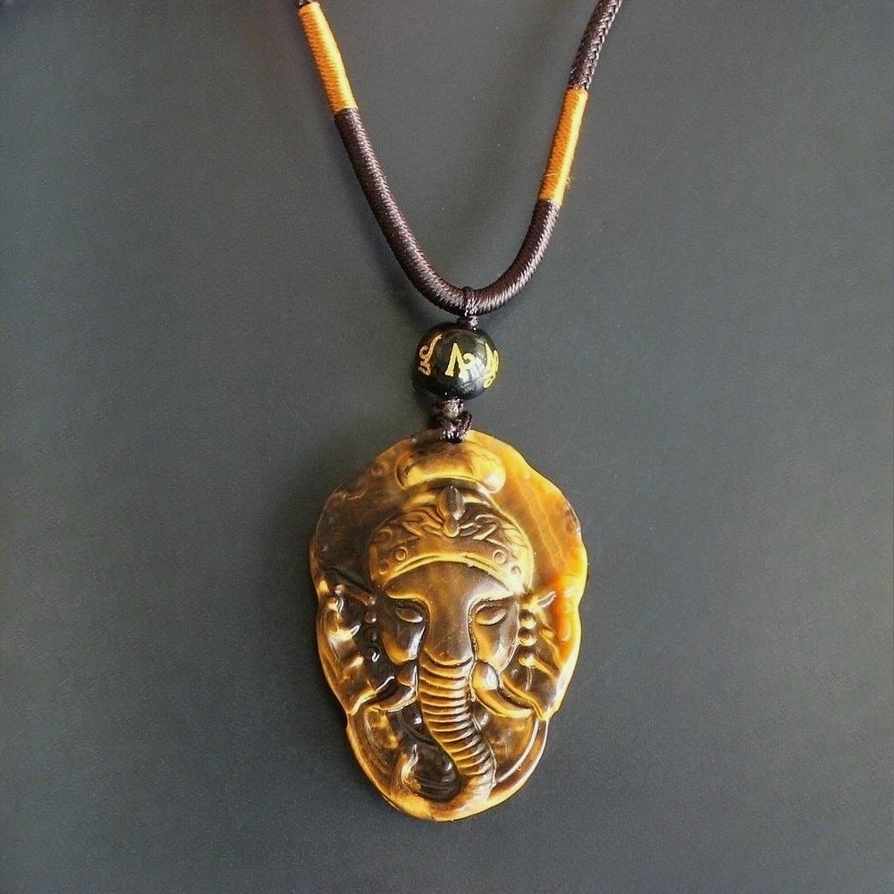 Natural crystal gold tiger eye Ganesha Necklace pendant with rope chain