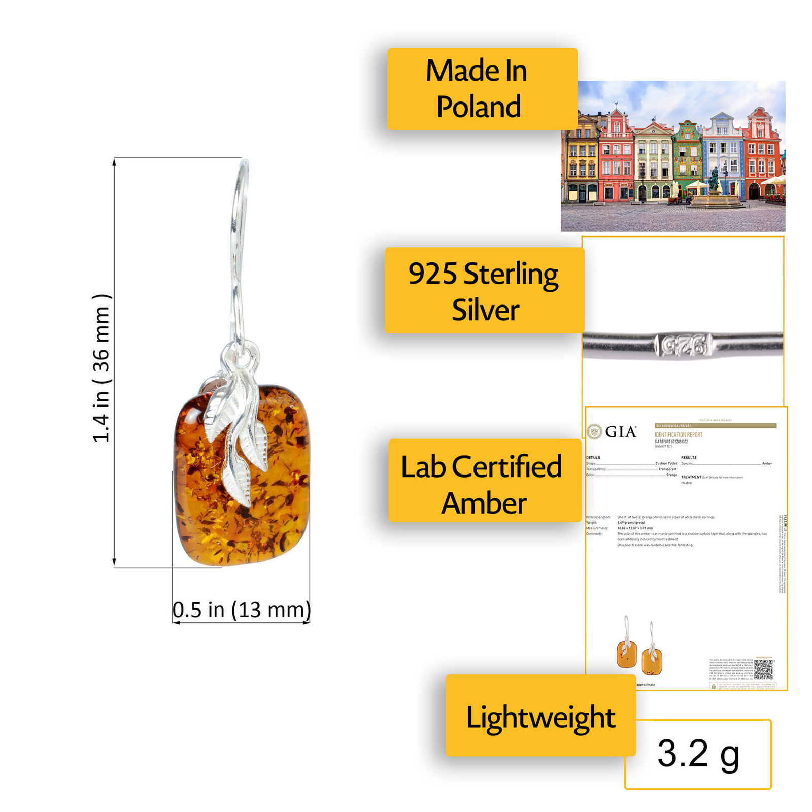 Sterling Silver Baltic Honey Amber Earrings “Fern”