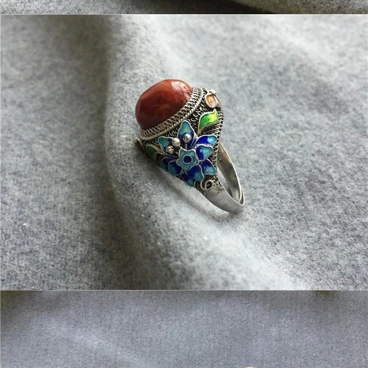 Ladies’ Vintage Handmade Floral Blue Inlaid Ruby Buckle Bracelet Ring