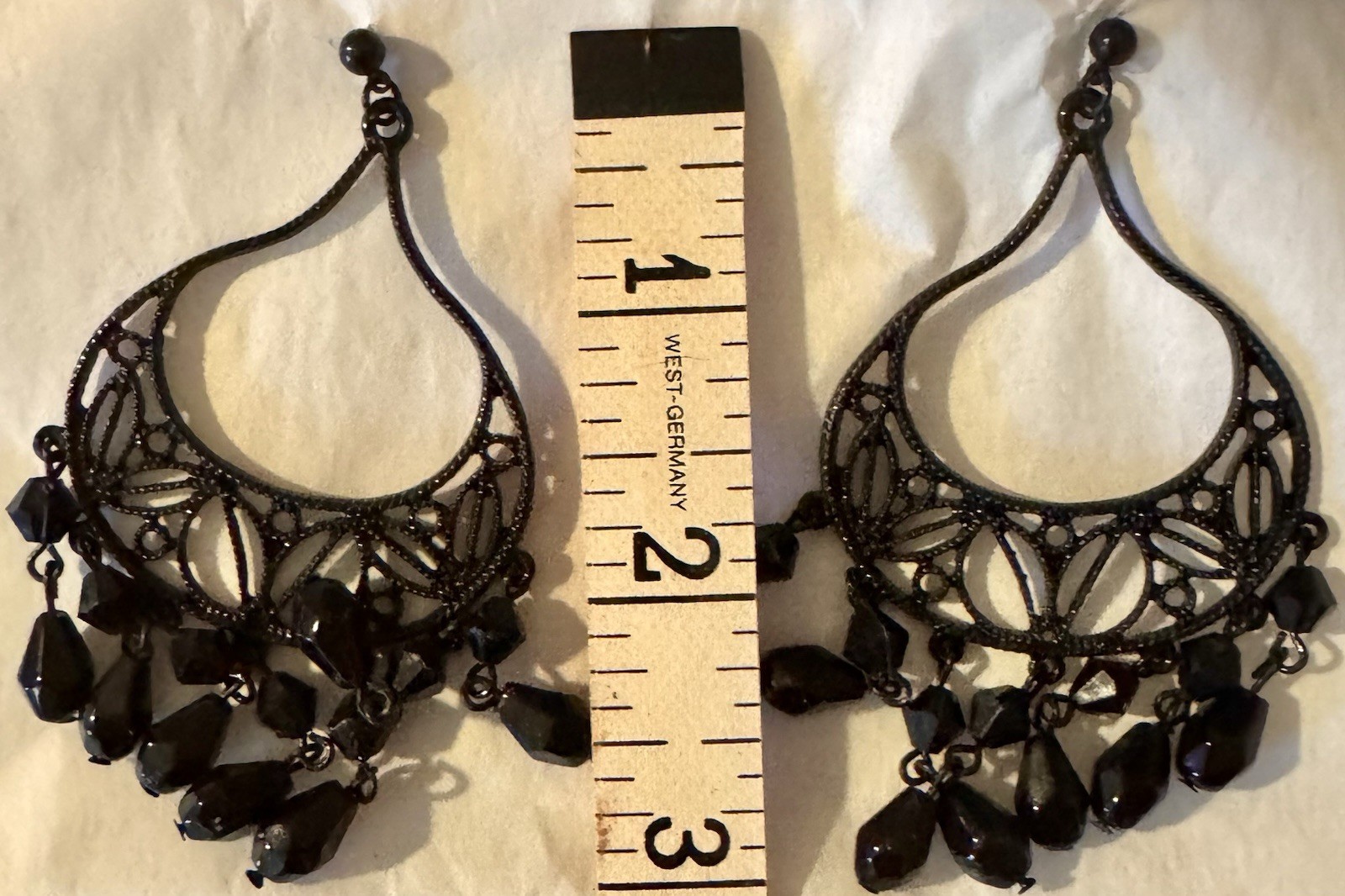 Black Filigree Chandelier Dangle/Drop Earrings w/ Teardrop Bead Drops, 2.5 in