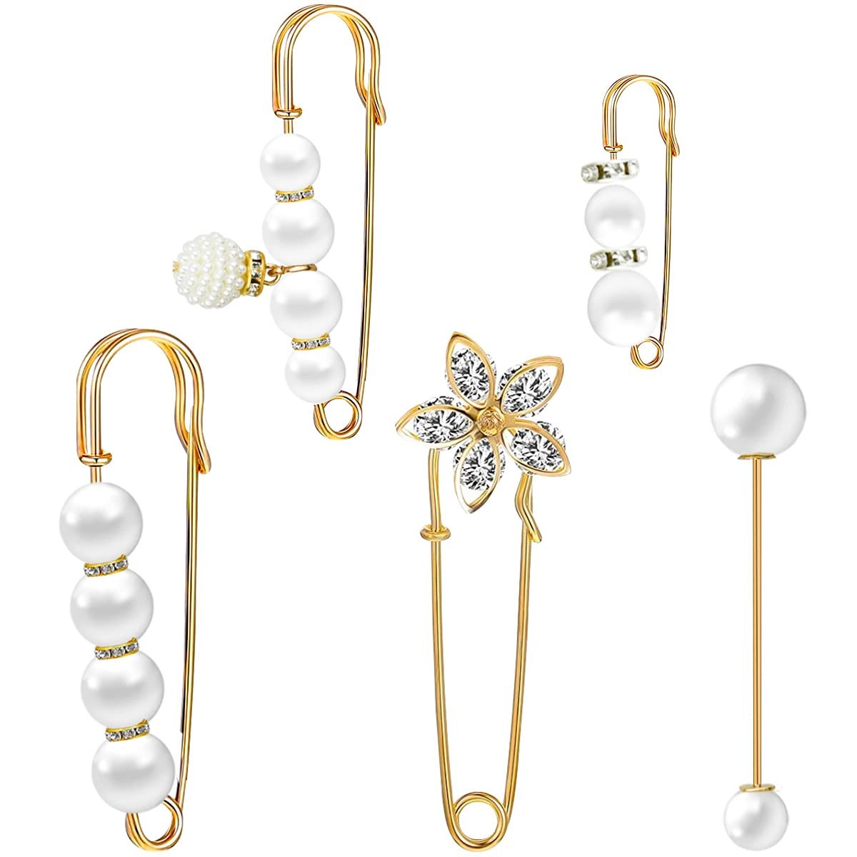 5 Pieces Pearl Brooch Safety Pins for Clothes Pin 5 pieces, Gold