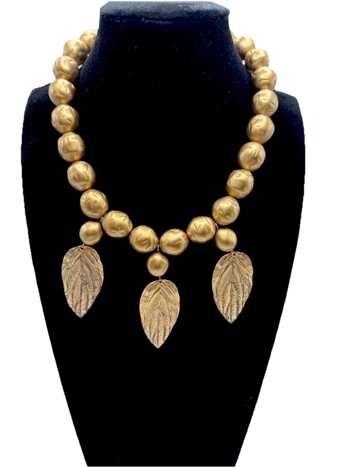Gold Beaded Statement Necklace with Leaf Pendants, Oval Link, 18″ Charm