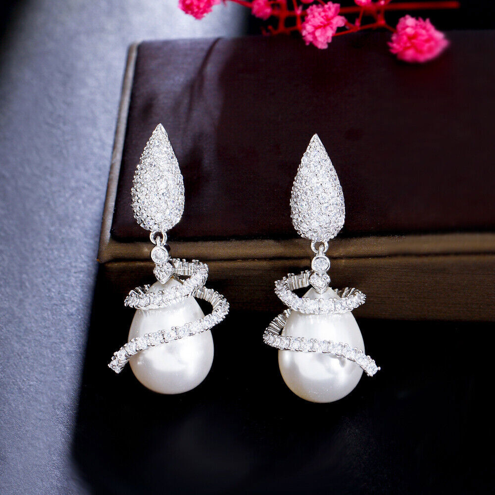 Silver Plated White Symmetrical Rotating CZ Drop Dangle Pearl Earrings for Women