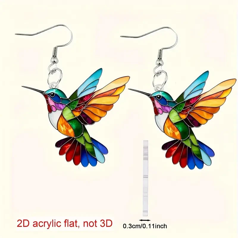 1 Pair, Charming and Cute Colorful Hummingbird Acrylic Earrings