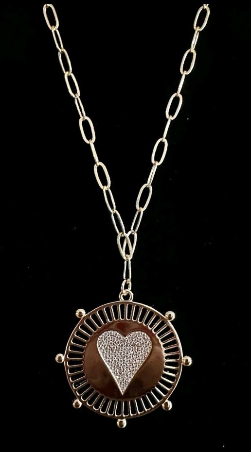 Jennifer Miller Yellow Gold Plated Pave Heart Medallion Necklace Paperclip Chain