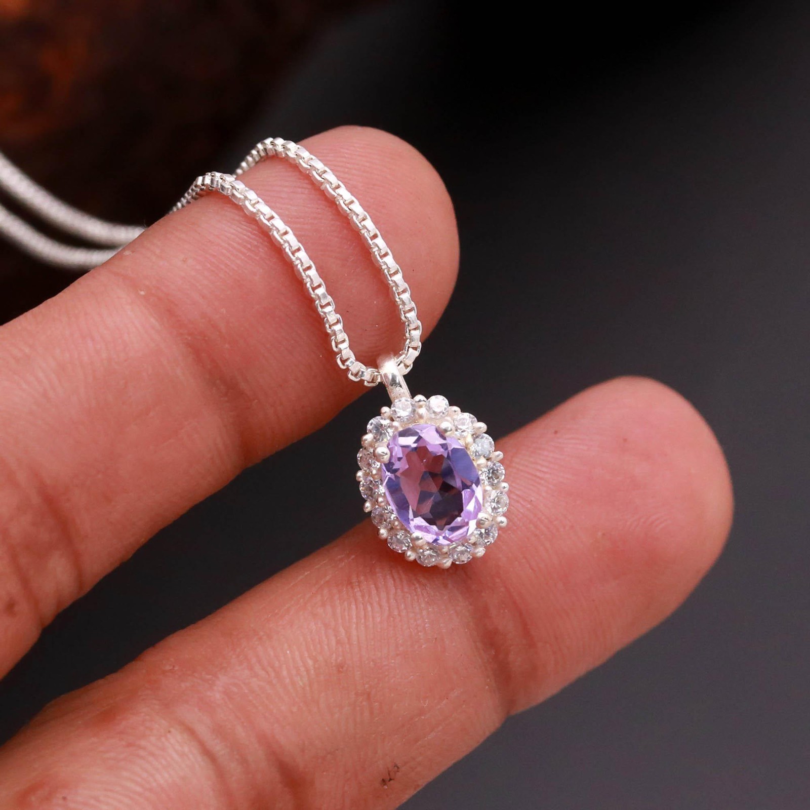 100%Natural Lavender Quartz Oval Necklace 925 Sterling Silver Moissanite Jewelry
