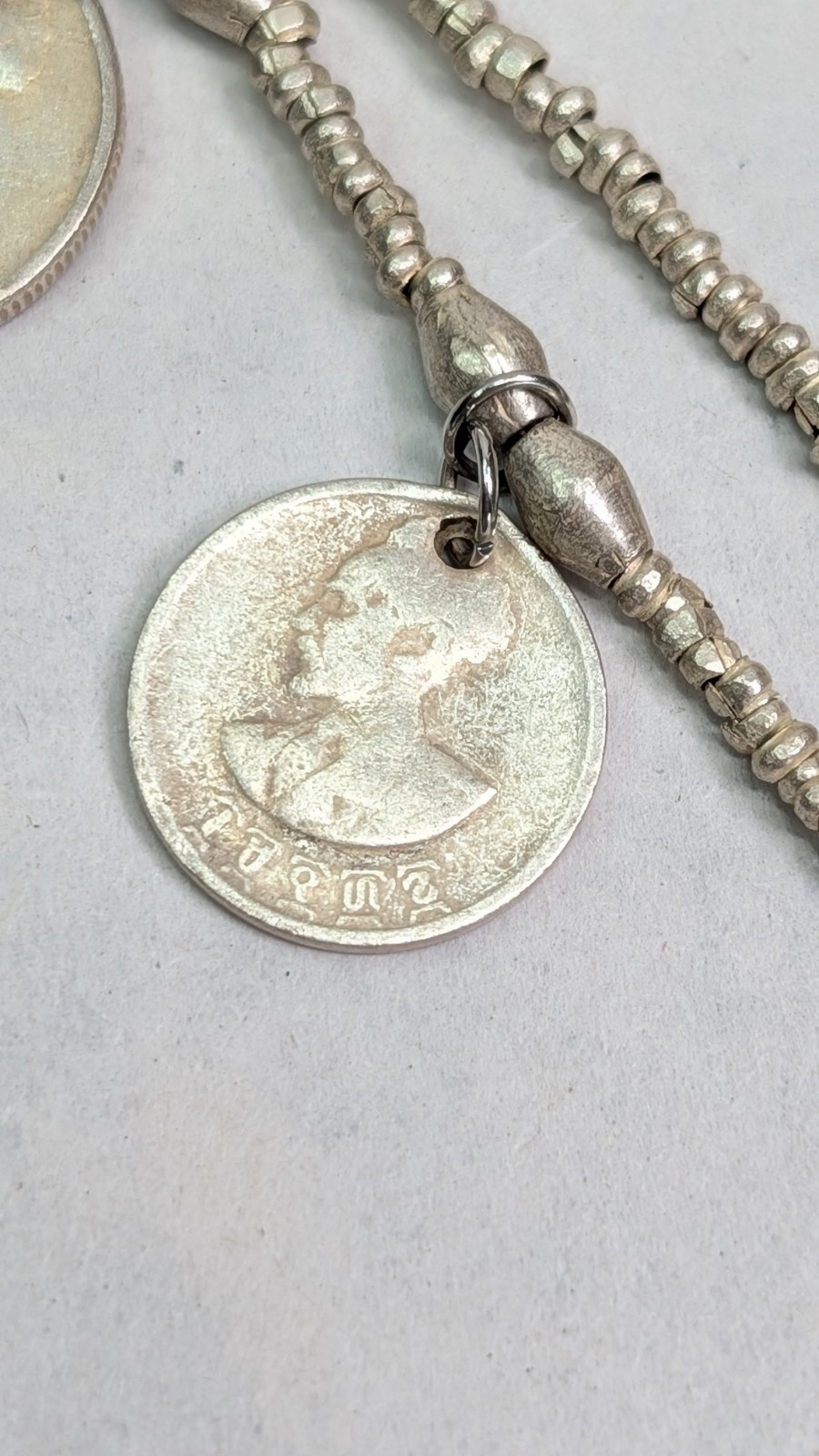 Emperor Haile Coin Necklace Silver Over Copper Double Strand Layered 30-34″