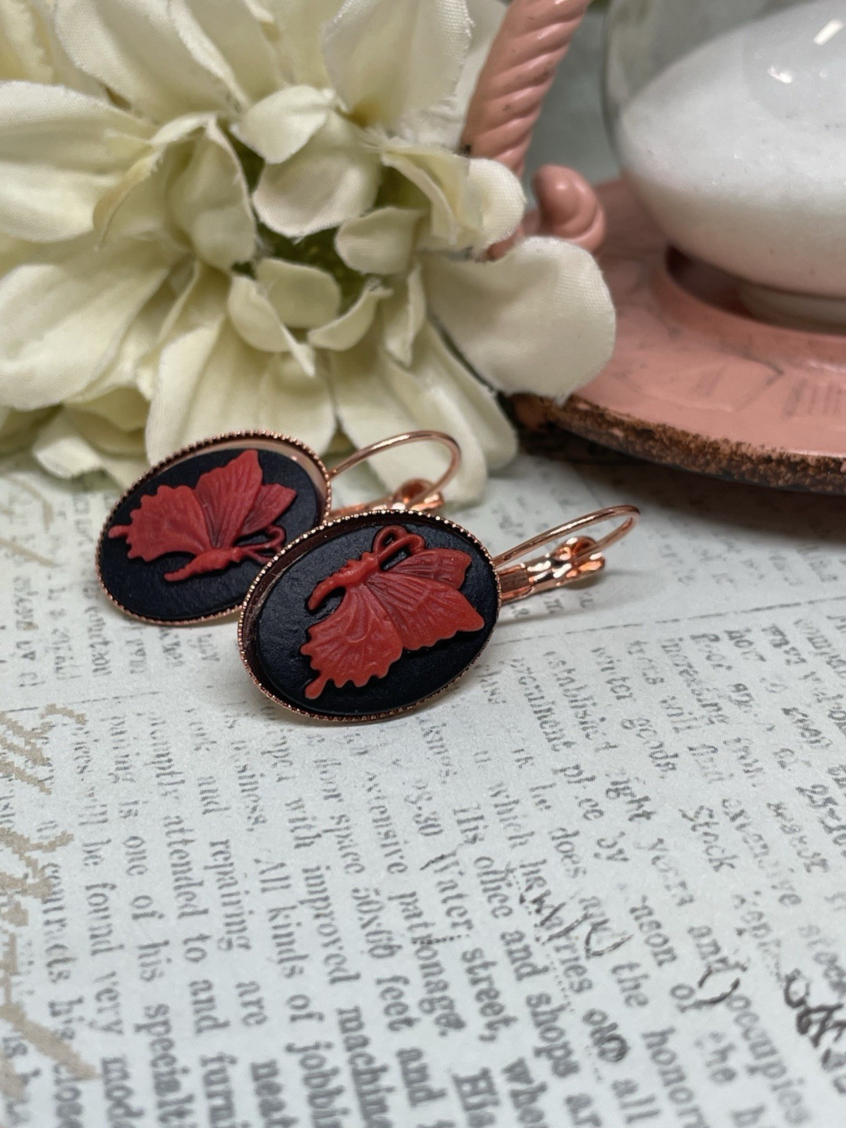 Rose Gold Black Red Butterfly Wire Earrings Wedding Birthday Anniversary Cameo