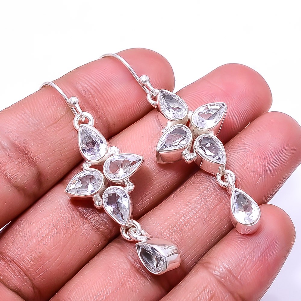 White Topaz Multi Collet 925 Sterling Silver Earring 2.15″ E24, Christmas Gift