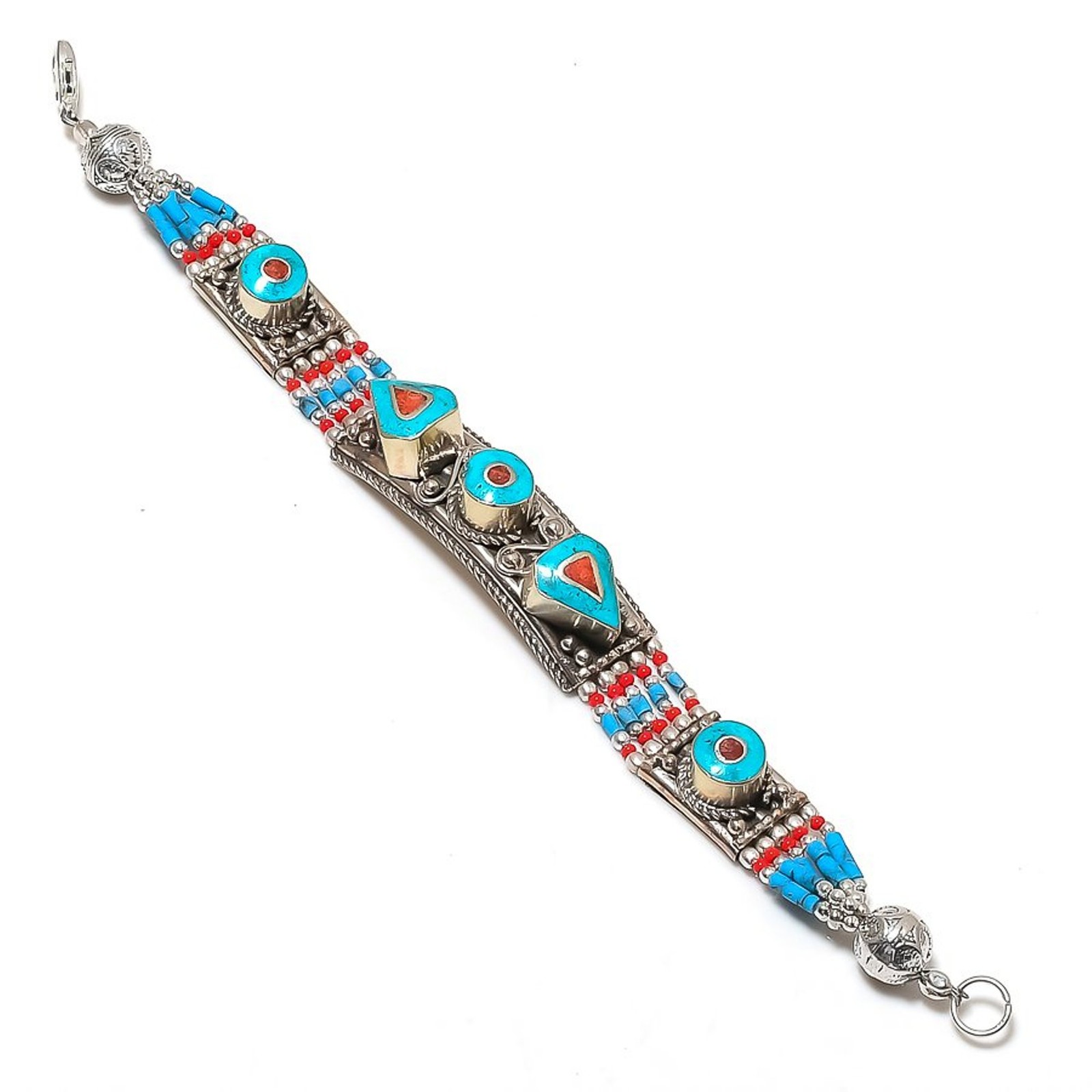 Red Coral Turquoise Gemstone Bracelet Amazing Tibetan Nepali Jewelry 7″ NBB 3400