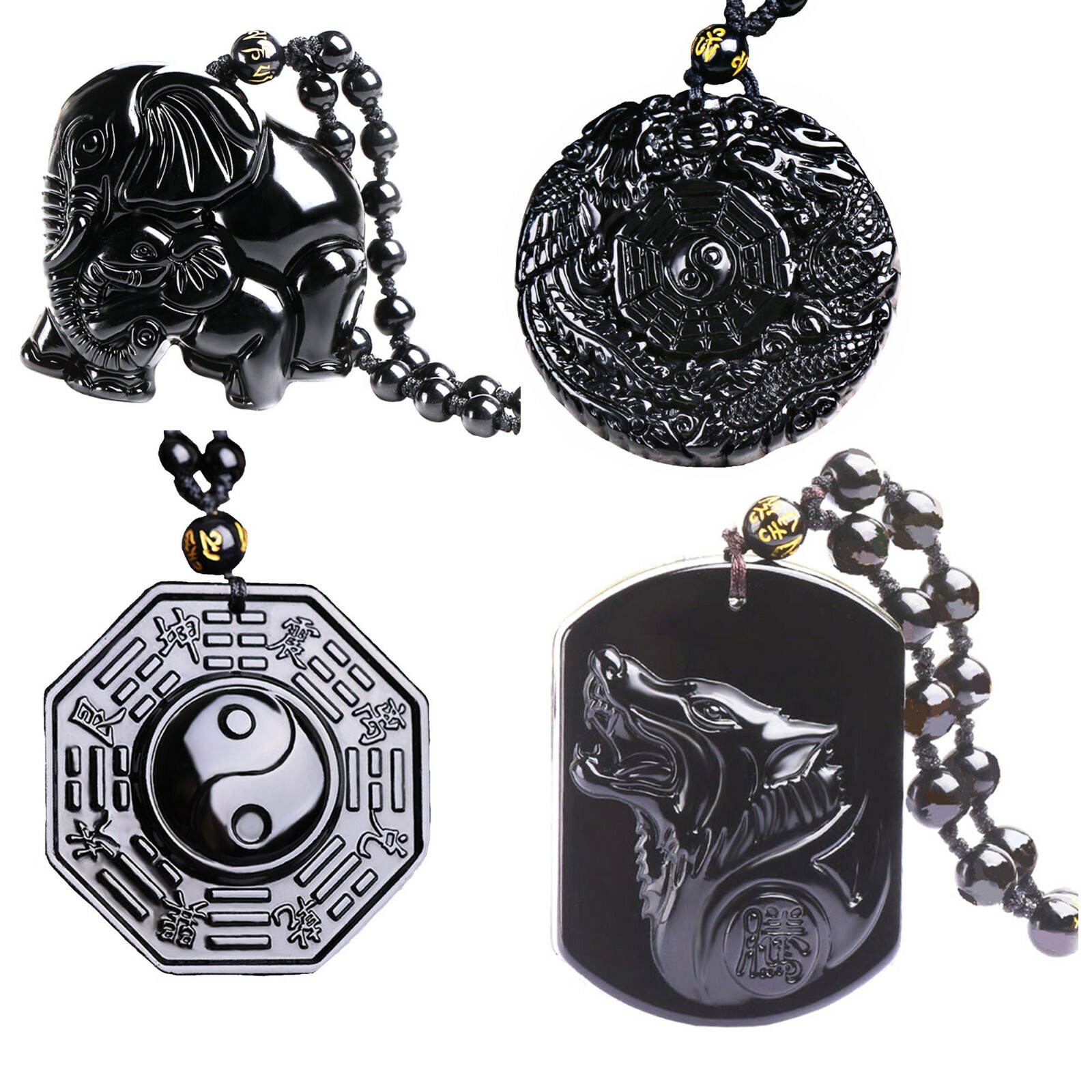 Feng Shui Obsidian Lucky Elepant /Bagua Pakua/dragon/wolf Necklace Pendant