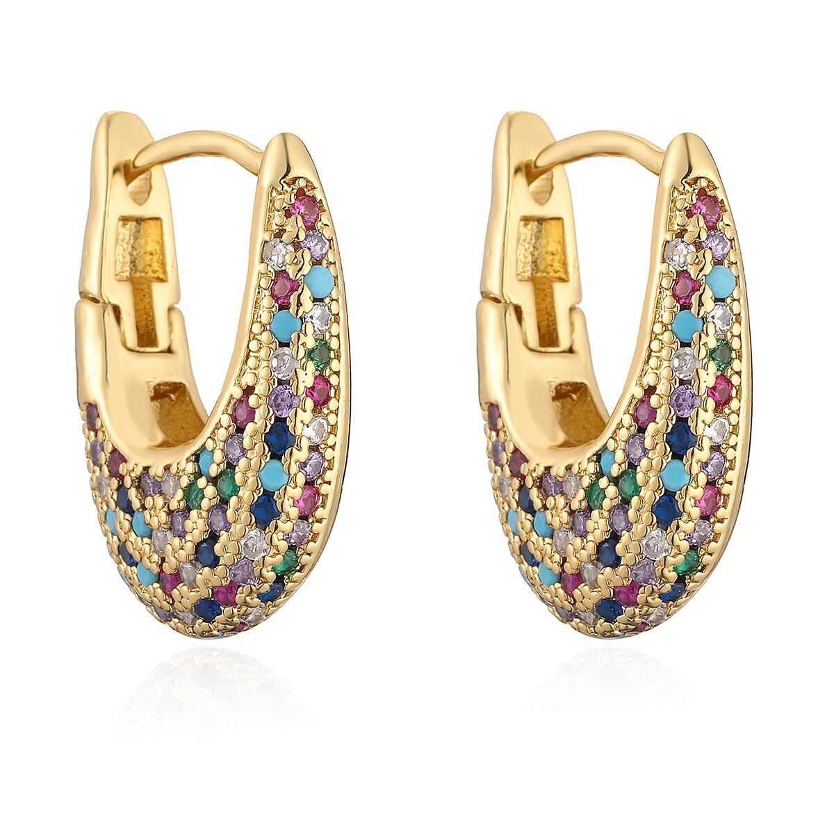 Womens 18K Gold Plated Multicolor CZ U Shape Hoop Huggie Earrings Anti-tarnish