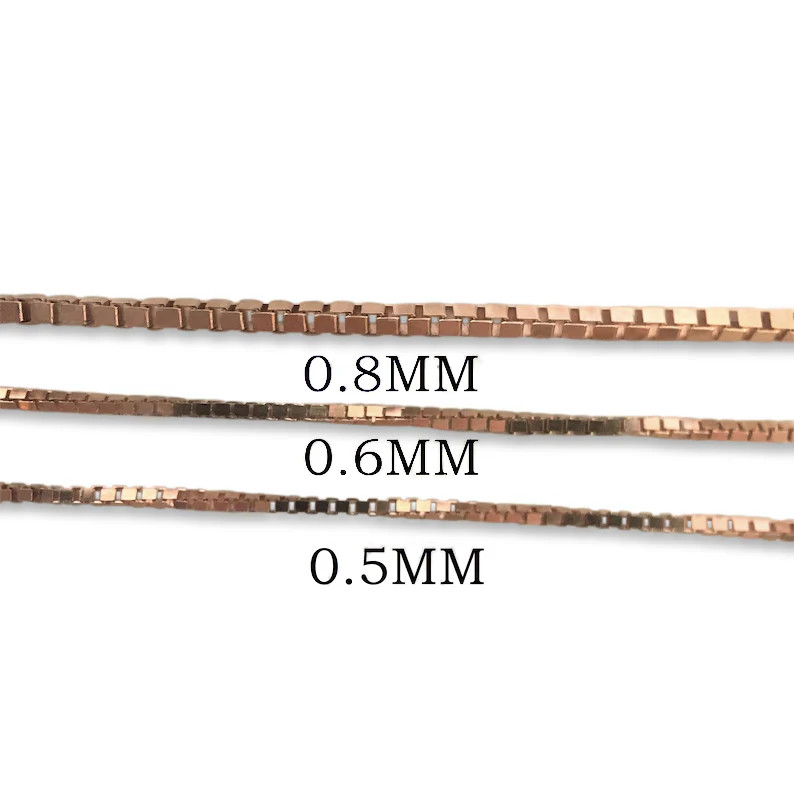 Solid 14K Rose Gold Box Chain Necklace 0.5mm 0.6mm 0.8mm Fine Jewelry