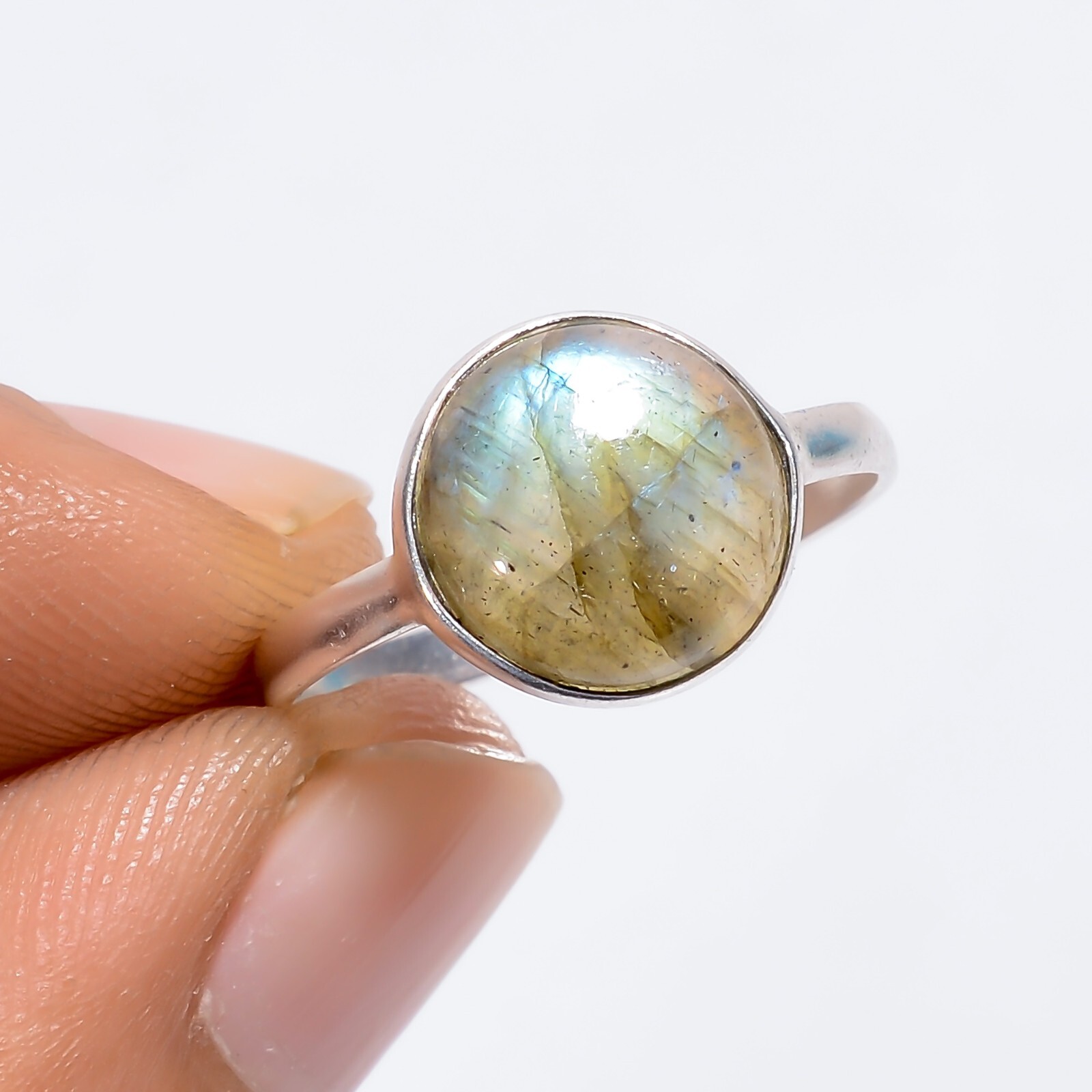 Blue Flashy Natural Labradorite Round Gemstone Handmade Ring 6 US Gift For Women