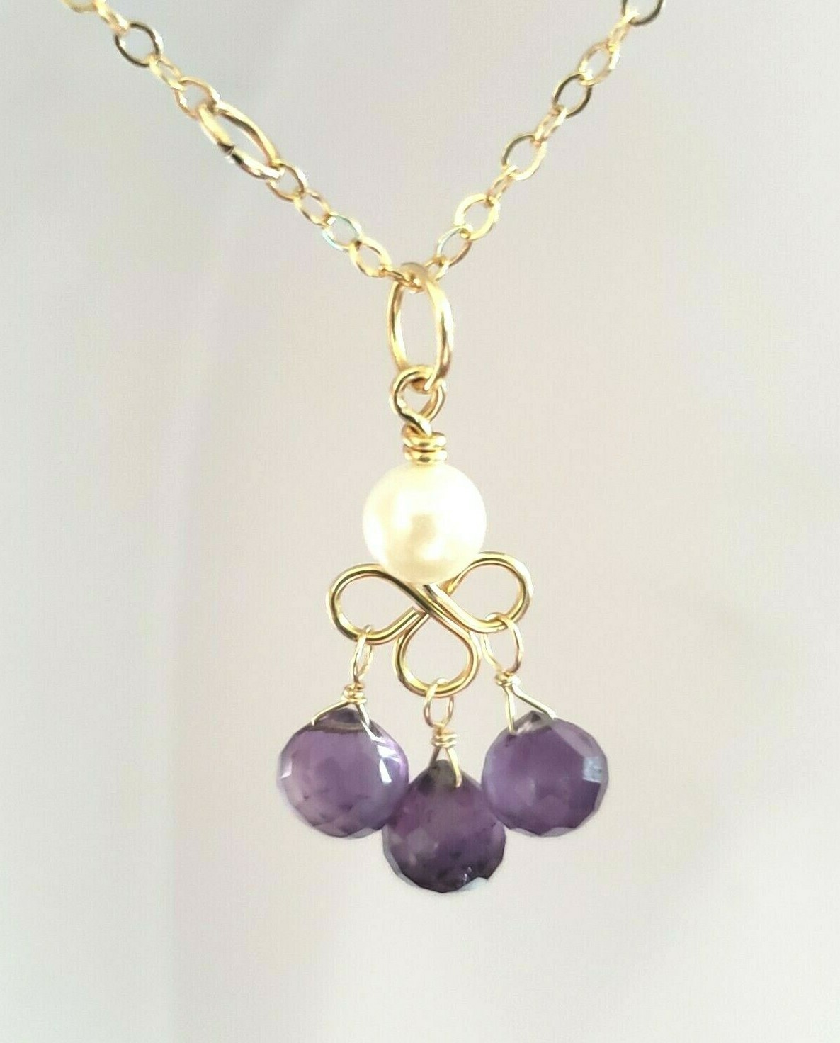 14k Yellow Gold Amethyst Briolette and White Pearl Chandelier Dangle Pendant