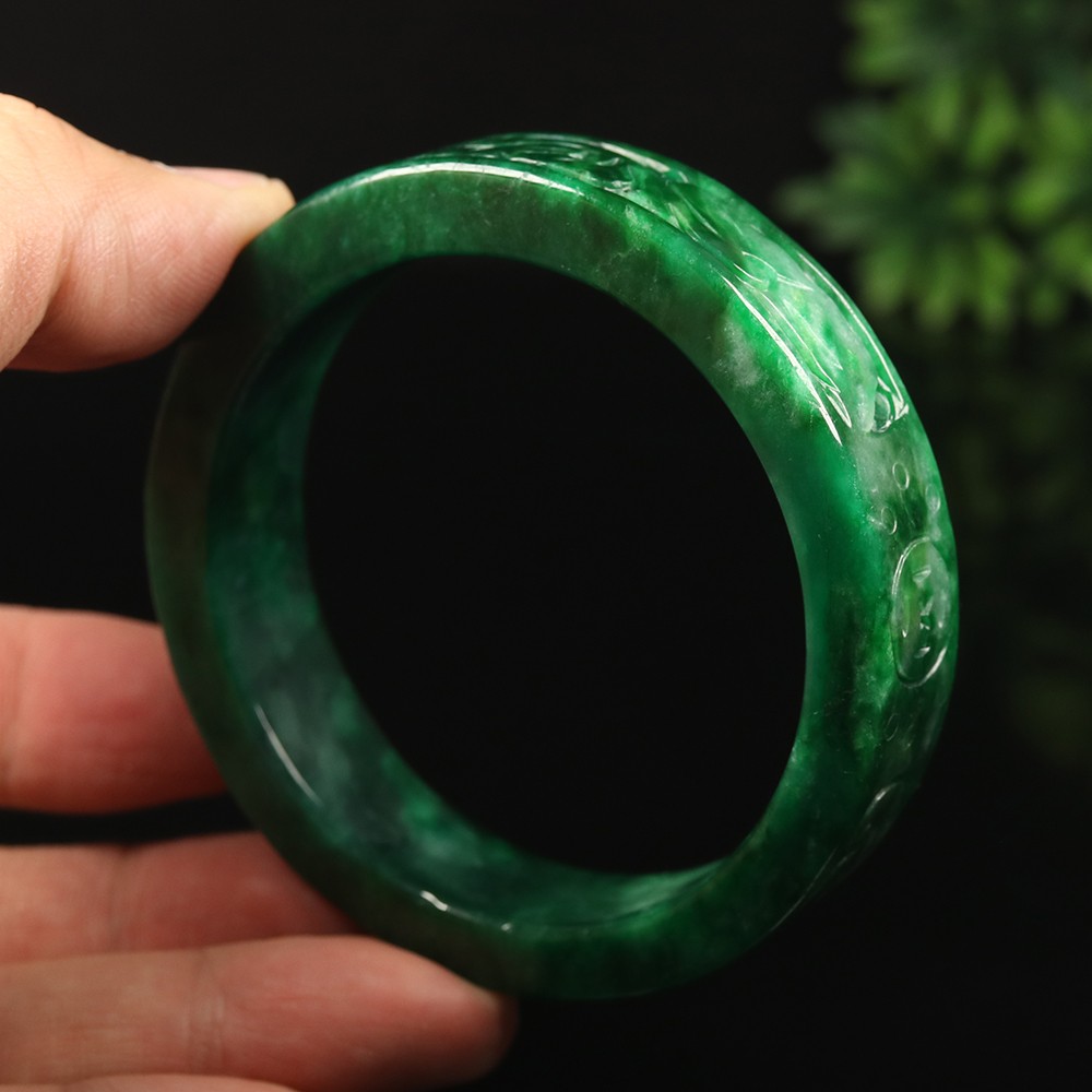 59mm Emerald Green Jadeite Jade Bangle Bracelet Ruyi Coin Burma Jade A-14895