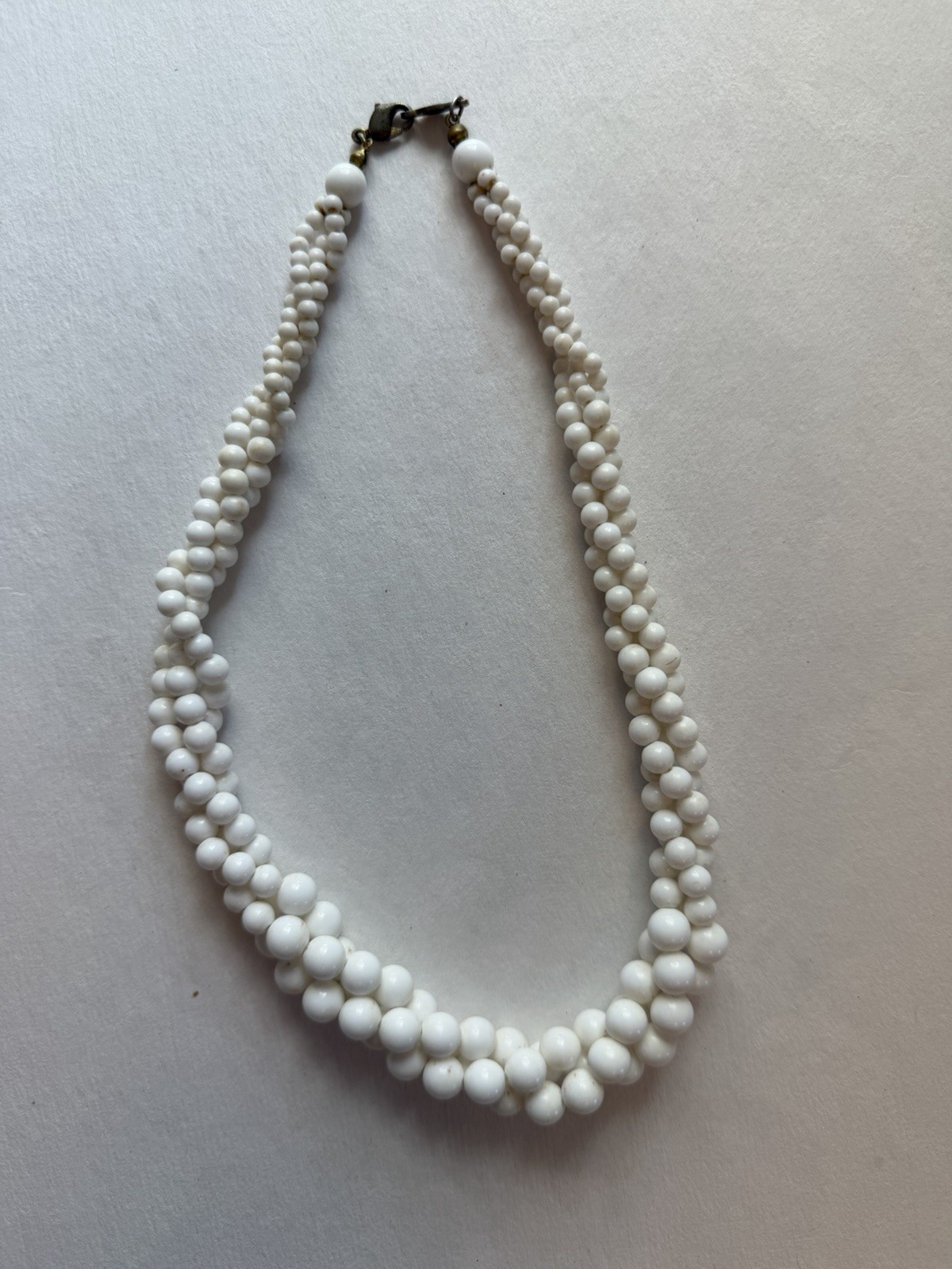 White Glass Beaded Double Strand Necklace, Round Beads, Lobster Clasp, Signed