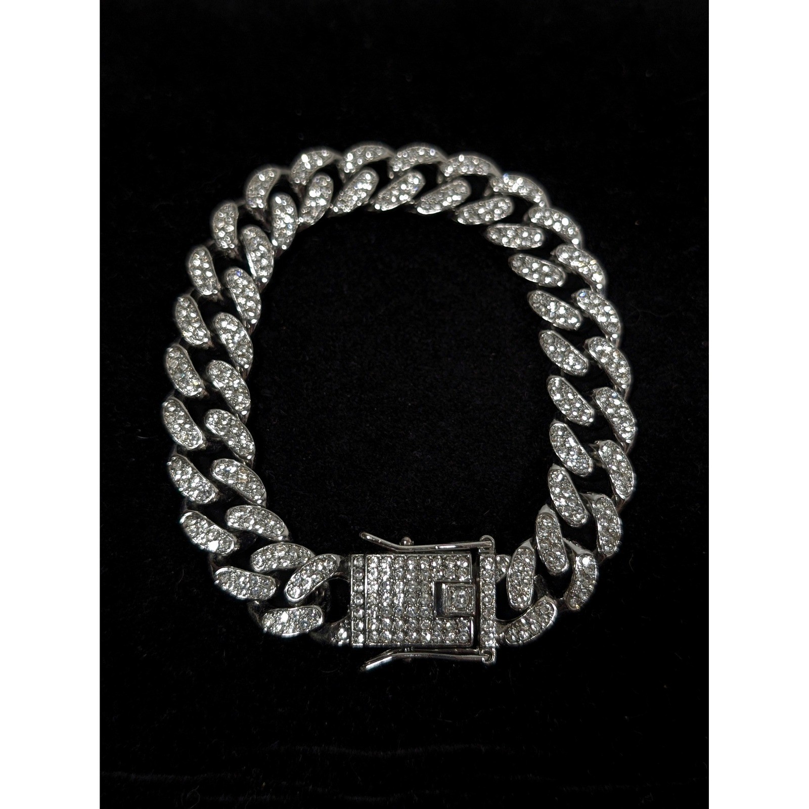 Silver Tone Pave Rhinestone Cuban Curb Link Bracelet 8″ Hip Hop Statement