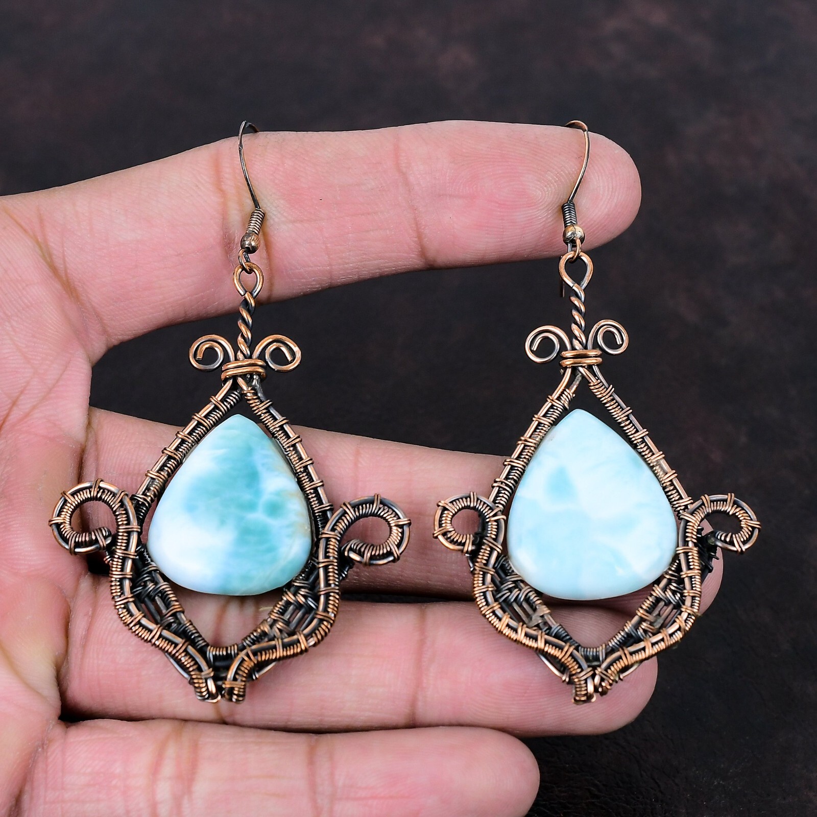 Larimar Jewelry Copper Gift For Friend Wire Wrapped Drop/Dangle Earrings 3.15″