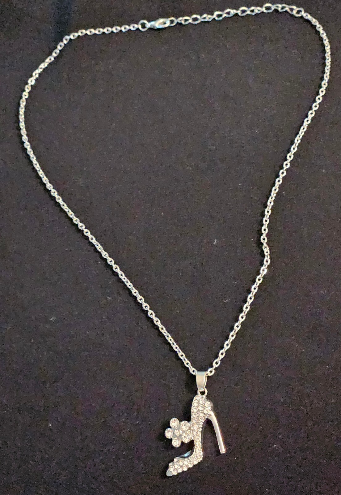 Rhinestone High Heel Shoe Flower Pendant Necklace Silver Tone 12 Inches