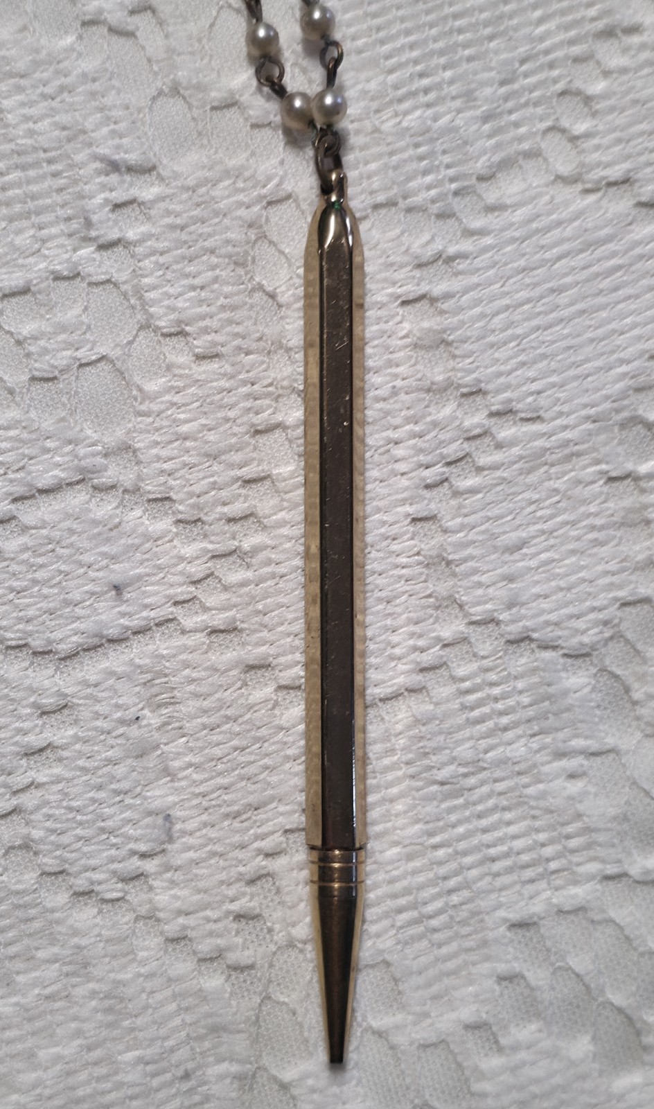 Vintage Mechanical Pencil Goldtone With Faux Pearl Chain, Mid-Century, 23 in