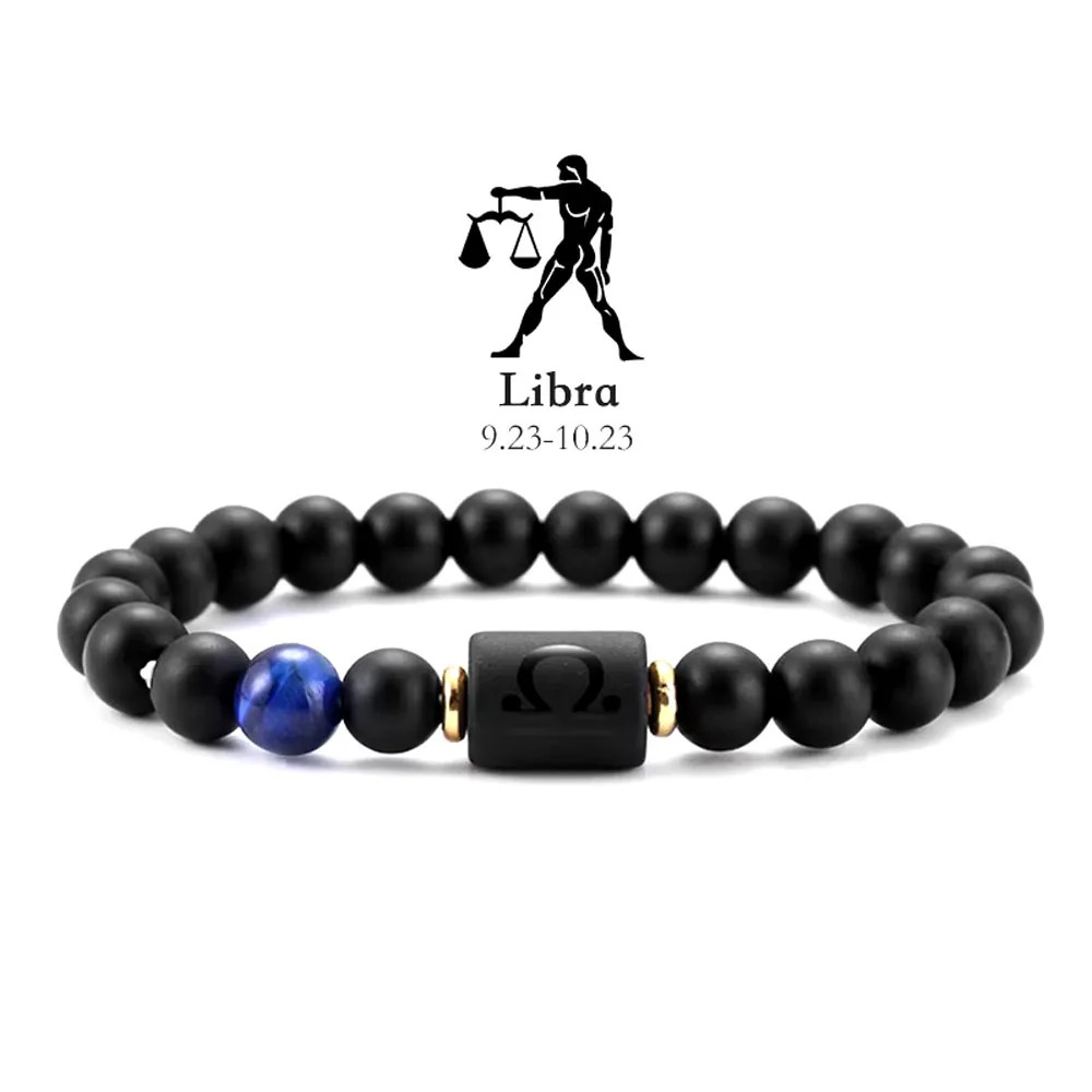 12 Zodiac Sign Constellation Bracelet for Men Black Energy Charm Bangle Aries