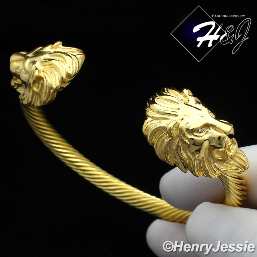 MEN WOMEN Stainless Steel Gold Plated Icy CZ Lion Head Twisted Cable Bracelet*89