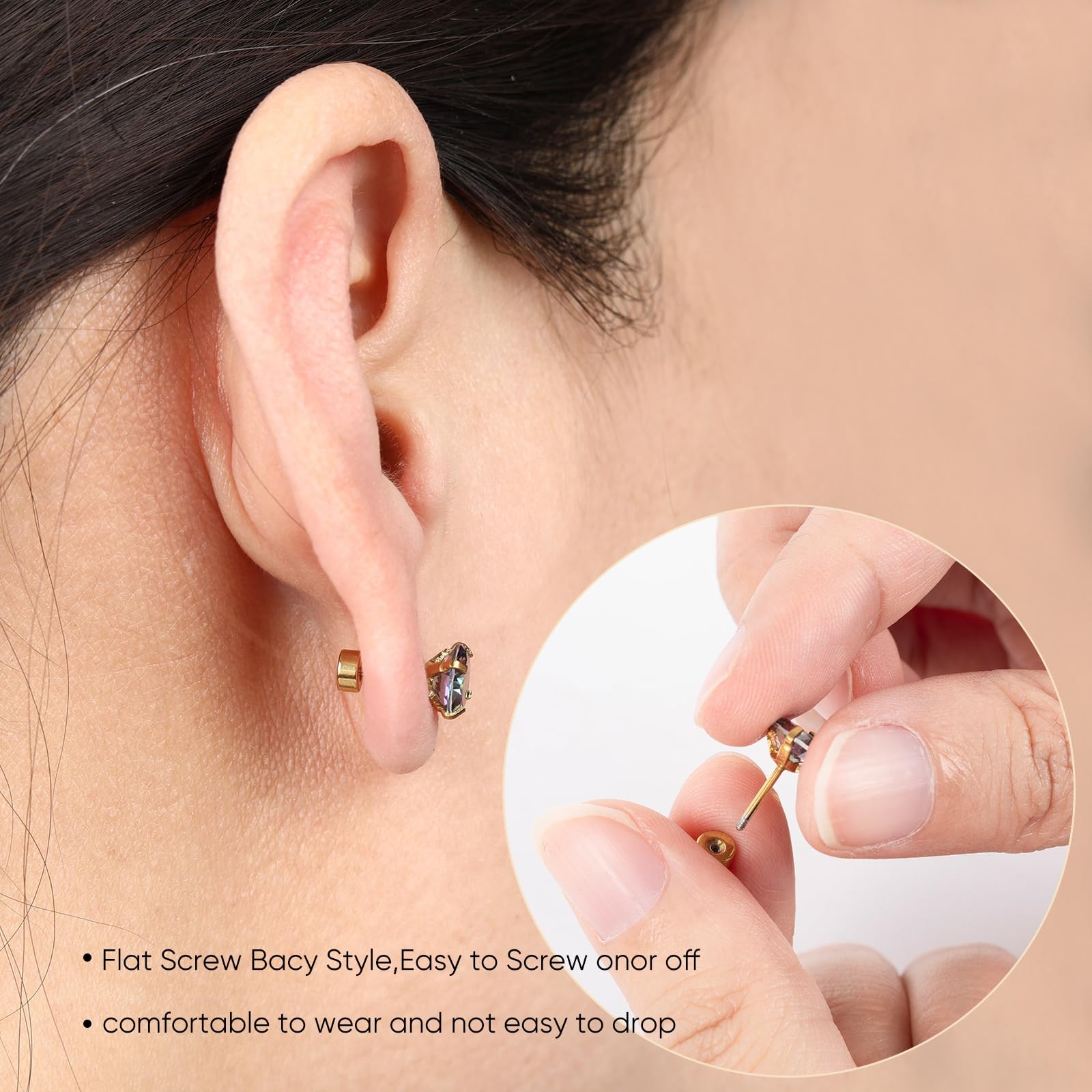 5 Pairs Flat Back Stud Earrings for (3mm~7mm)x1, 03-Color Gem(Gold Color)