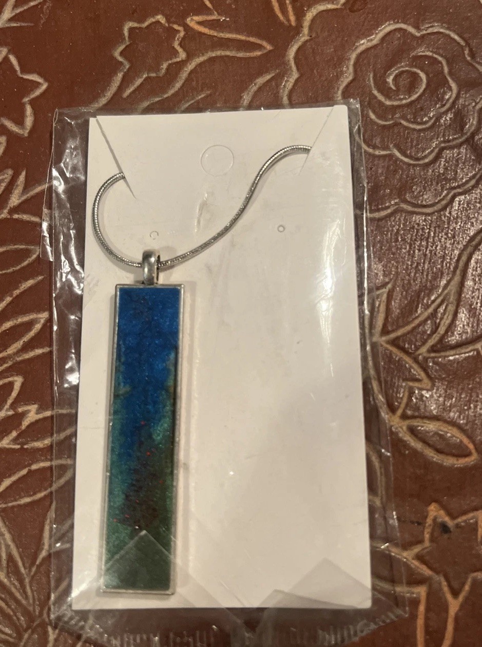Handmade Pendant Necklace – Silver Chain Blue Green Ombre Wearable Art Jewelry