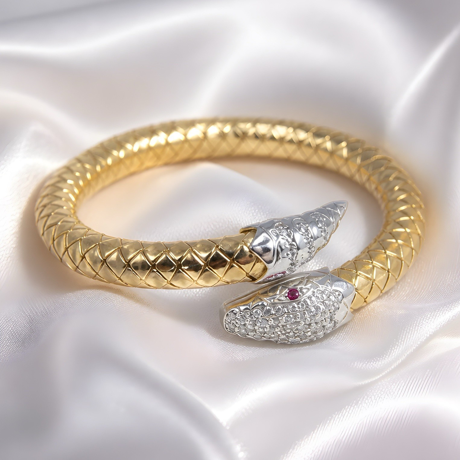 Gold-Tone Snake Open Cuff Bangle Bracelet w/ Pavé Clear Crystals, 925 Silver