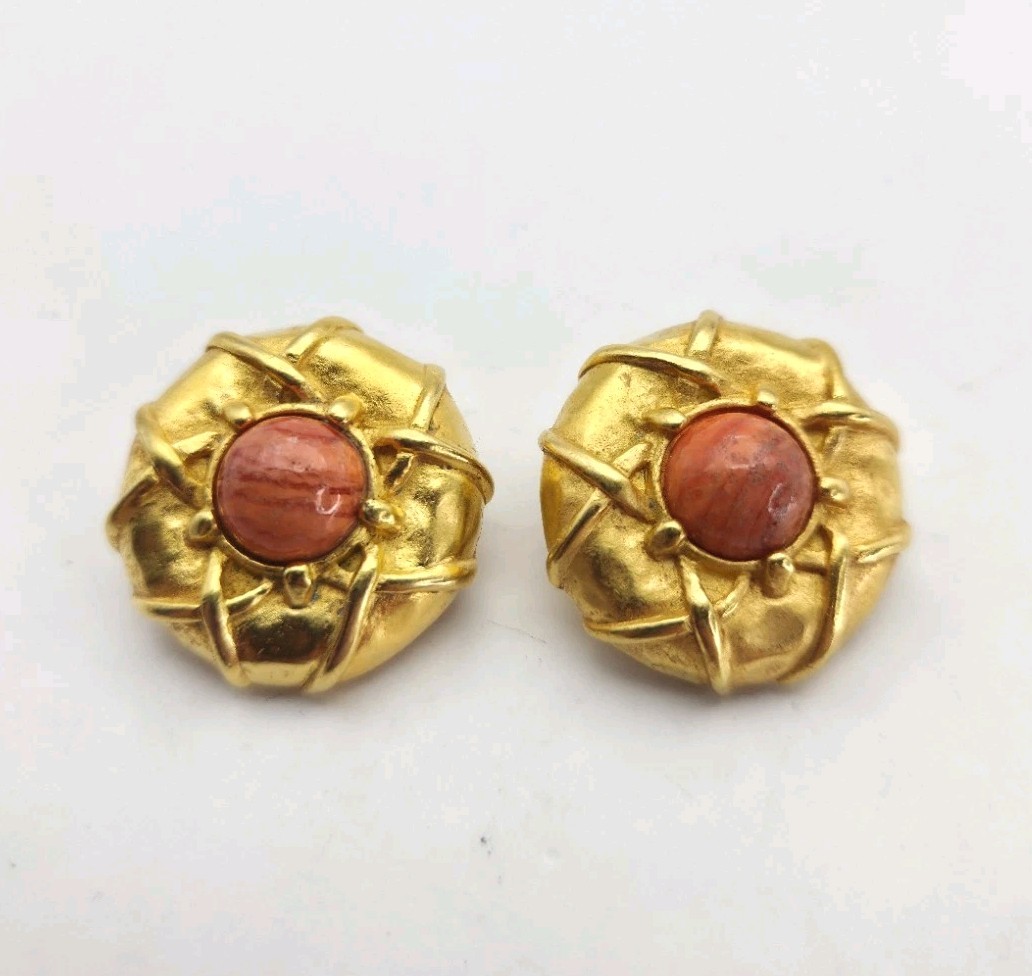 Karl Lagerfeld Chunky Gold Tone Orange Cabs Clip Ons Earrings Designer Signed 1″