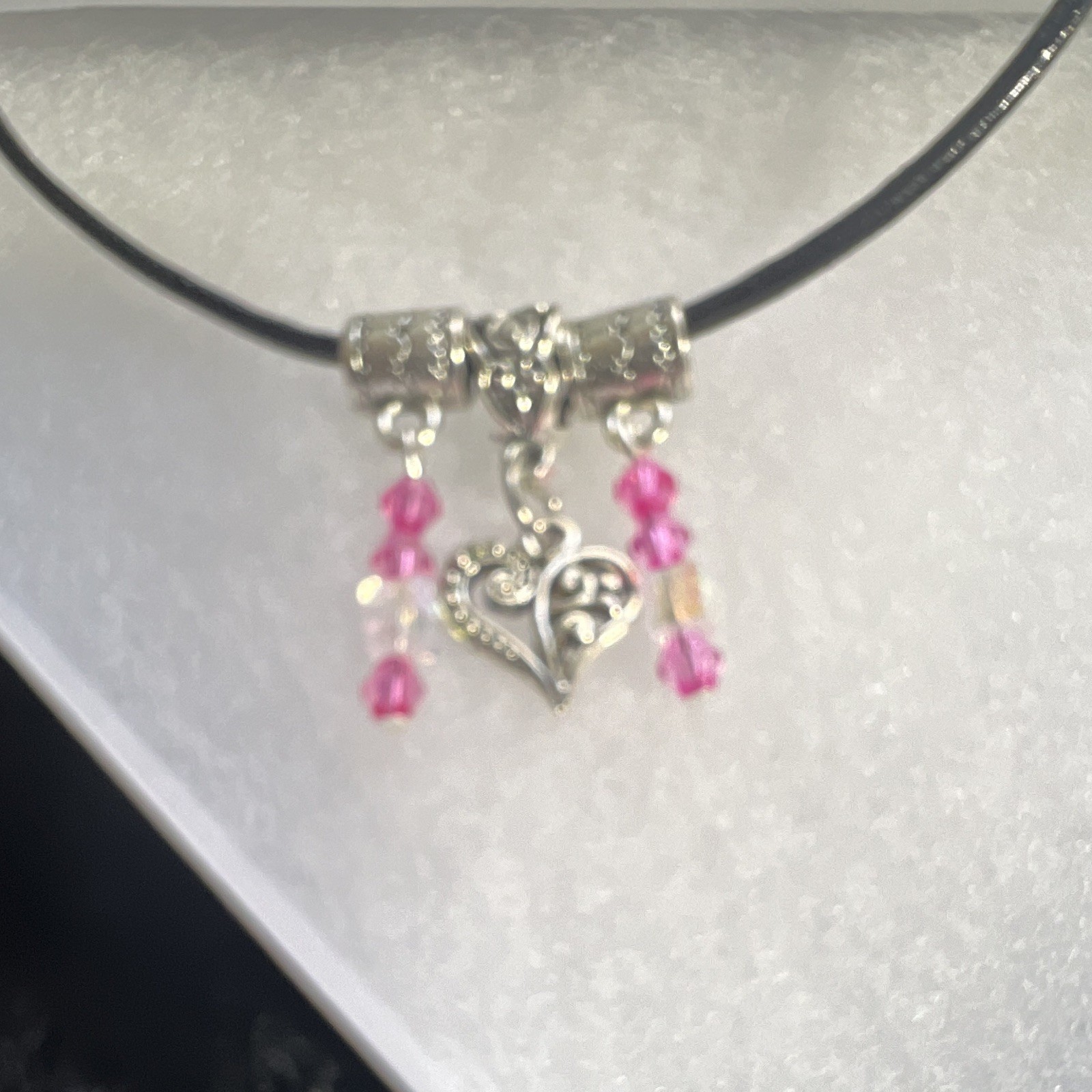 Silver, heart, leather cord, pink crystals, lobster, claw, love, beautiful ￼