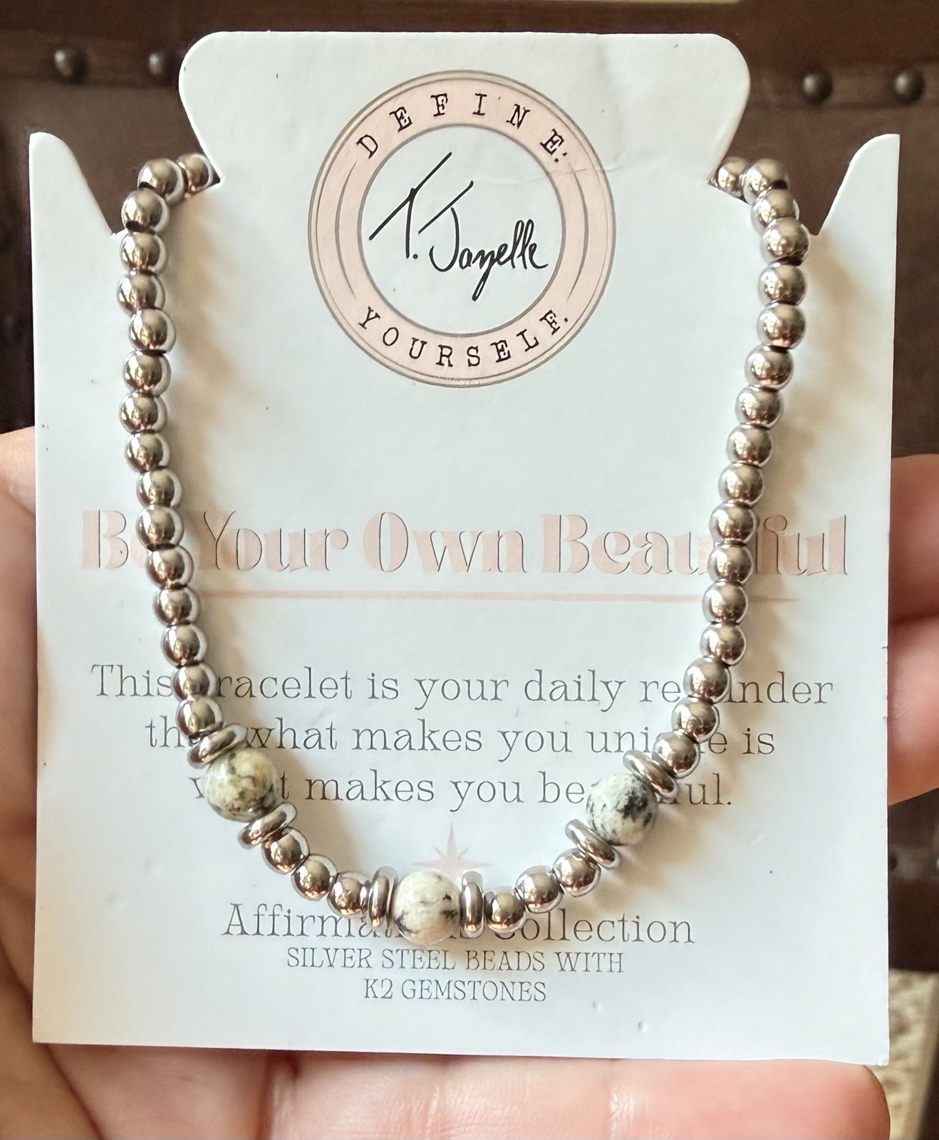 T. Jazelle “DEFINE YOURSELF” Stretchable Bracelet With Silver & K2 Jasper Beads