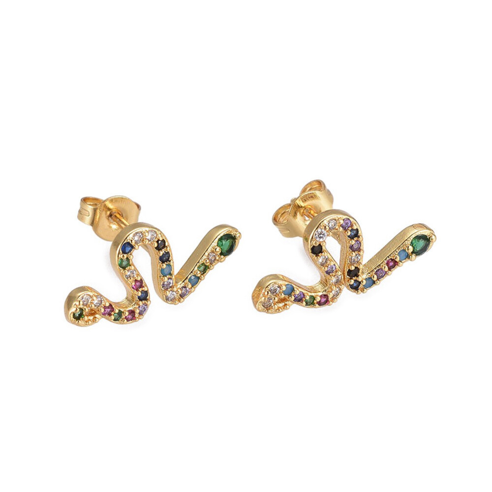 Zirconia Stud Earrings Snake Colorful Gold 17-17.5x8mm Pin 0.7mm  P568