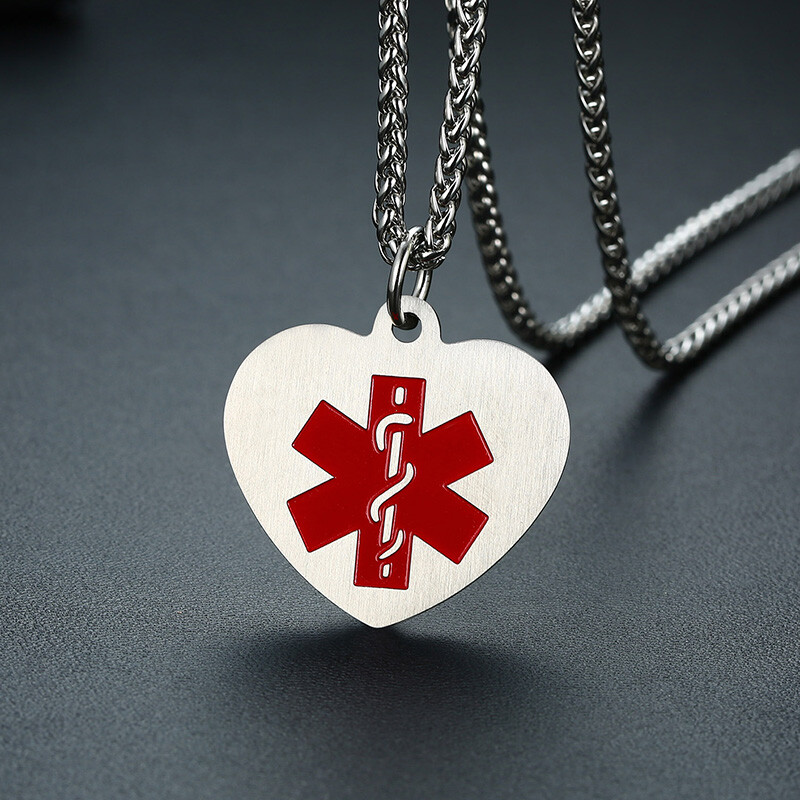Medical Alert ID Women Men Necklace Love Heart Pendant Personalized Engraving