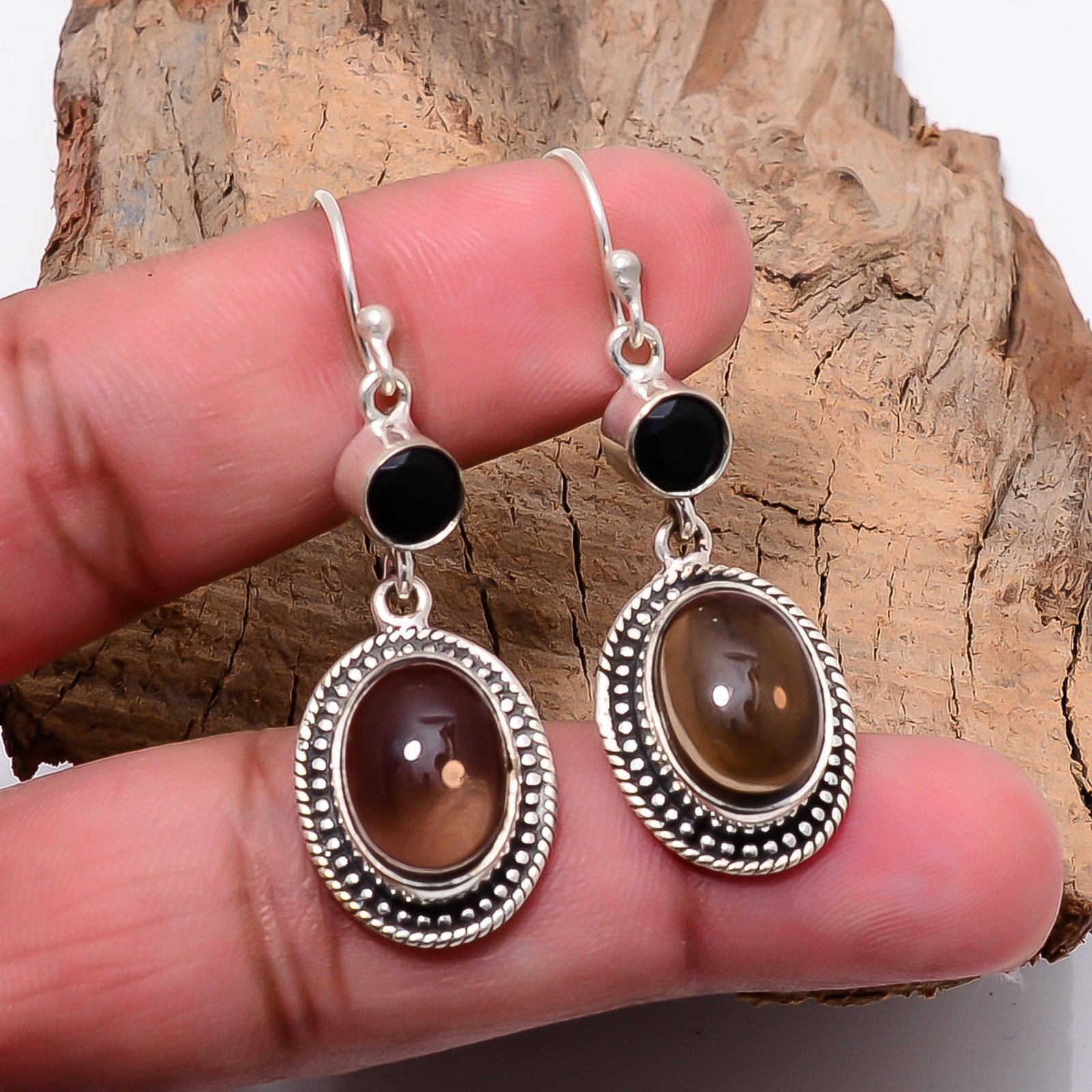 Smoky Quartz – Brazil & Black Onyx 925 Sterling Silver Handmade Earring 1.88 E46