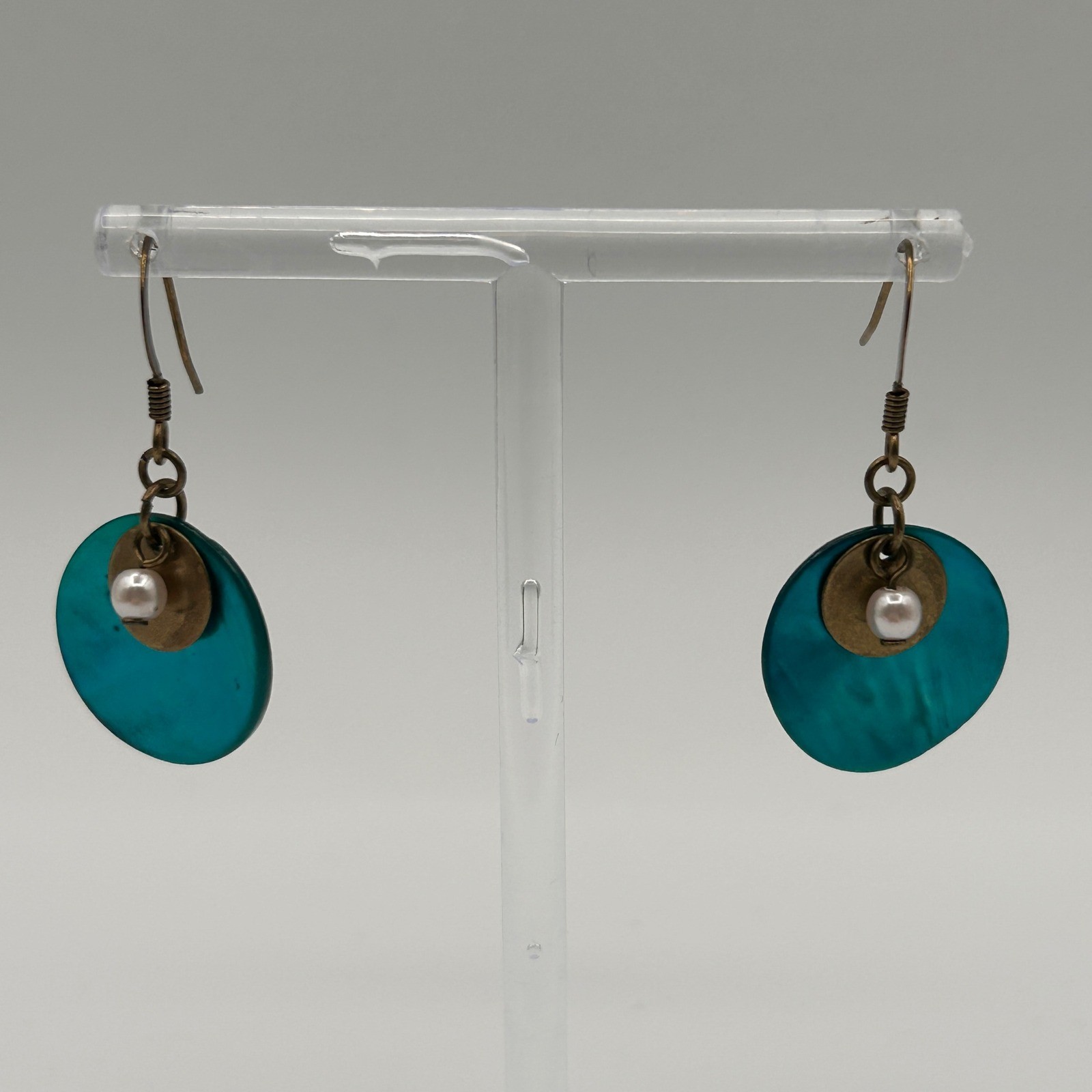Teal Shell Disc Brass Faux Pearl Drop Earrings Boho Coastal Dangle Hook