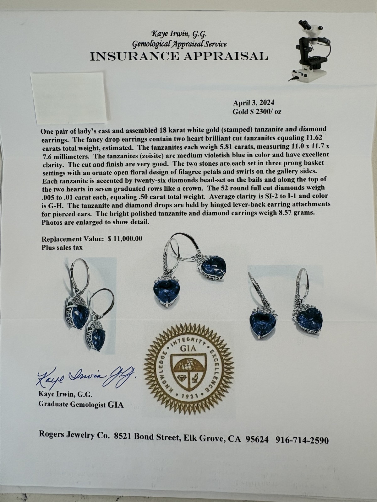 Tanzanite Earrings (5.81 ) Karat each and 18 Karat white gold earrings