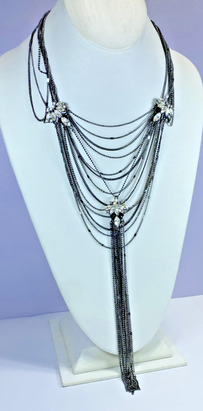 ABS by Allen Schwartz Crystal Hematite Tone Tassel Necklace, 17″ + 3″ ext, New