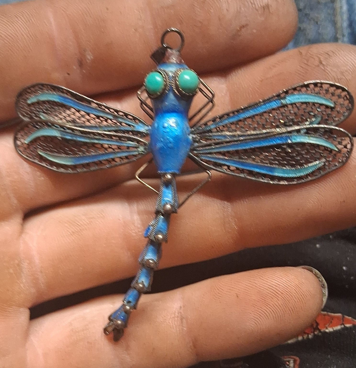 Blue Black Metal Dragonfly Brooch Pin w/ 2 Round Green Stones Bezel Set