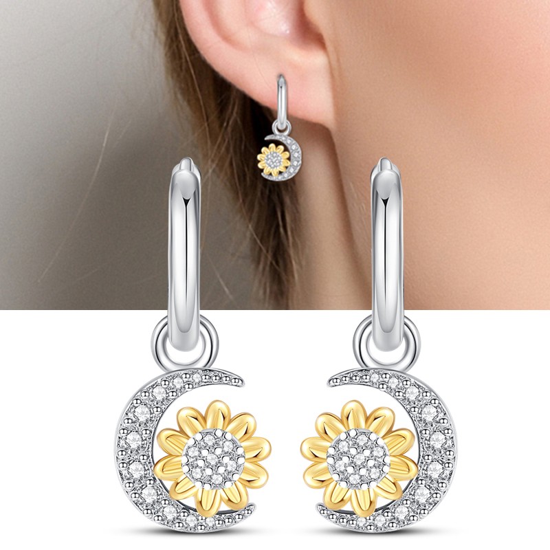 PANDACH 925 Sterling Silver Tiny Sunflower & Moon Drop Earrings For Women Hoops