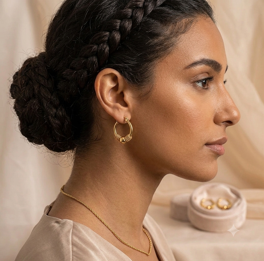 Elegant Gold Hoop Earrings with Twisted Rope and Bead Detail