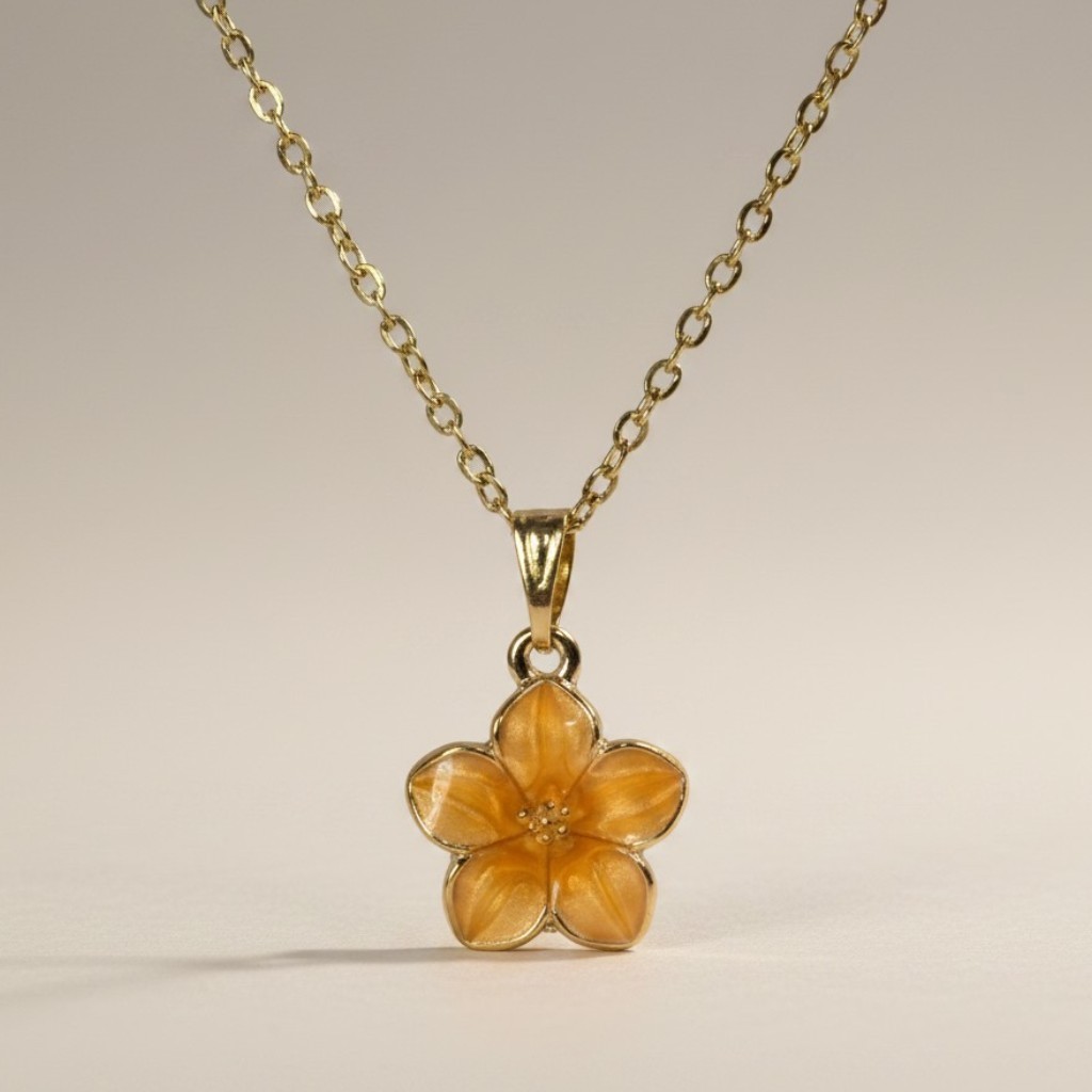 Orange Camellia Flower Enamel Pendant Gold Necklace Bohemian Floral Jewelry
